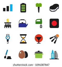 solid vector ixon set - sponge vector, toilet brush, pan, kettle, scales, mixer, egg, bank building, shuttlecock, glass, sorting, battery, rec button, sand clock, tooth implant, office