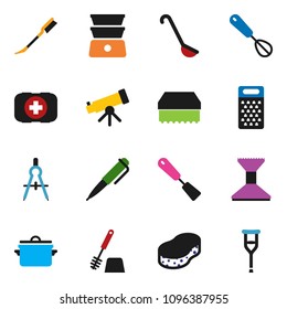 solid vector ixon set - sponge vector, car fetlock, toilet brush, pan, whisk, spatula, ladle, grater, double boiler, drawing compass, pen, telescope, first aid kit, crutches