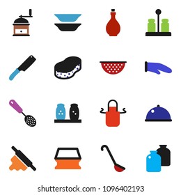 solid vector ixon set - sponge vector, oil, colander, apron, cook glove, skimmer, ladle, knife, rolling pin, hand mill, spices, plates, dish, jar