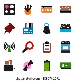 solid vector ixon set - sponge vector, towel, toaster, oven, paper pin, magnifier, credit card, clipboard, breads, battery, broken bone, route arrow, rent signboard, wireless, check
