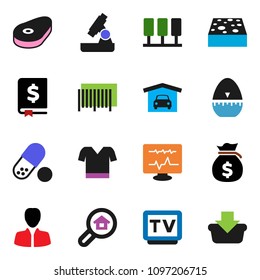 solid vector ixon set - sponge vector, cook timer, steak, microscope, money bag, manager, annual report, t shirt, pills, tv, diagnostic monitor, server, garage, search estate, barcode, basket