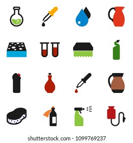 solid vector ixon set - sponge vector, water drop, sprayer, cleaning agent, oil, jug, flask, vial, dropper, potion, counter