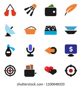 solid vector ixon set - sponge vector, foam basin, toaster, plates, pen, monitor dollar, boxing glove, target, shuttlecock, satellite antenna, microphone, heart, potion, arrow, wallet