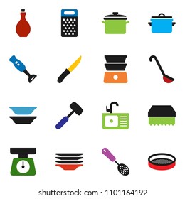 solid vector ixon set - sponge vector, plates, sink, pan, oil, scales, skimmer, ladle, knife, meat hammer, grater, double boiler, blender, sieve