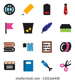 solid vector ixon set - sponge vector, towel, trash bin, drying clothes, blender, plates, copybook, pen, pencil, abacus, flag, tie, cinema clap, battery, globe, coupon
