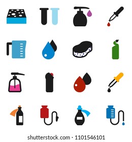 solid vector ixon set - sponge vector, water drop, liquid soap, cleaning agent, measuring cup, vial, dropper, blood, potion, counter