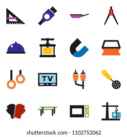 solid vector ixon set - sponge vector, pan, cook press, skimmer, microwave oven, dish, corner ruler, drawing compass, magnet, horizontal bar, boxing glove, gymnast rings, tv, rca, hdmi