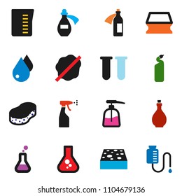 solid vector ixon set - sponge vector, water drop, splotch, liquid soap, sprayer, cleaning agent, oil, measuring cup, flask, vial, potion, counter
