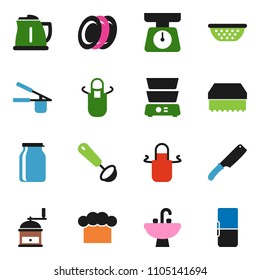 solid vector ixon set - sponge vector, sink, kettle, colander, scales, cook hat, apron, press, ladle, knife, hand mill, double boiler, plates, jar, fridge