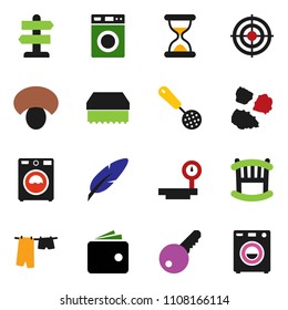 solid vector ixon set - sponge vector, drying clothes, washer, garbage pile, skimmer, mushroom, pen, wallet, target, signpost, big scales, sand clock, key, crib