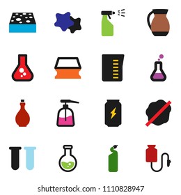 solid vector ixon set - sponge vector, splotch, liquid soap, sprayer, cleaning agent, oil, measuring cup, jug, flask, enegry drink, vial, drop counter