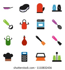 solid vector ixon set - sponge vector, pan, oil, cook hat, apron, glove, skimmer, spatula, ladle, grater, oven, spices