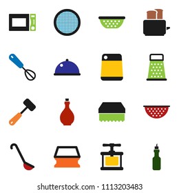 solid vector ixon set - sponge vector, oil, colander, cook press, whisk, ladle, meat hammer, cutting board, grater, toaster, microwave oven, sieve, dish