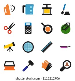 solid vector ixon set - sponge vector, steaming, toilet brush, rubber glove, pan, measuring cup, cook press, meat hammer, grater, sieve, ruler, telescope, scissors, attachment, client search
