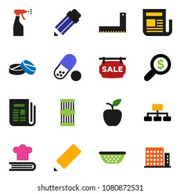 solid vector ixon set - sprayer vector, colander, cookbook, pasta, pencil, corner ruler, apple fruit, money search, hierarchy, pills, newspaper, sale signboard, apartments
