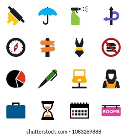 solid vector ixon set - sprayer vector, cleaner woman, rolling pin, pen, compass, pie graph, case, sand clock, calendar, swimsuite, no fastfood, route, signpost, umbrella, notebook network