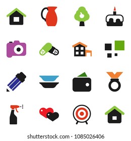 solid vector ixon set - sprayer vector, plates, jug, cake, pencil, target, medal, camera, heart, pills, loading, house, cottage, fruit tree, wallet, home
