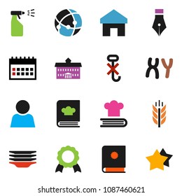 solid vector ixon set - sprayer vector, plates, cookbook, pen, university, medal, calendar, cereals, no hook, chromosomes, connection, home, user, catalog, star