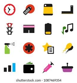 solid vector ixon set - sprayer vector, cutting board, corner ruler, music, wallet, shorts, traffic light, clock, sorting, barcode, battery, ambulance star, syringe, sperm, favorites, basket