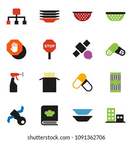 solid vector ixon set - sprayer vector, plates, colander, cookbook, pasta, pills, satellite, hierarchy, stop, apartments