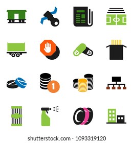 solid vector ixon set - sprayer vector, plates, pasta, coin stack, hierarchy, stadium, satellite, truck trailer, Railway carriage, newspaper, pills, stop, apartments