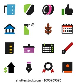 solid vector ixon set - sprayer vector, measuring cup, plates, pen, university, medal, dollar growth, calendar, cereals, protected, finger up, catalog