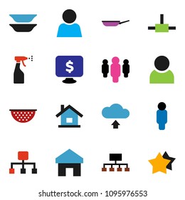 solid vector ixon set - sprayer vector, pan, colander, plates, man, hierarchy, monitor dollar, connect, home, cloud upload, user, house, star