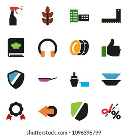 solid vector ixon set - sprayer vector, plates, pan, cookbook, school building, corner ruler, medal, cereals, port, protected, headphones, finger up, shield, arrow, coupon