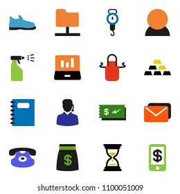 solid vector ixon set - sprayer vector, scales, apron, copybook, laptop graph, sand clock, gold ingot, snickers, classic phone, network folder, consumer, money bag, support, mail, check, tap pay