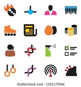 solid vector ixon set - sprayer vector, egg, exam, coin stack, roller Skates, gymnast rings, support, barcode, music hit, antenna, newspaper, dna, connect, consumer, cashbox
