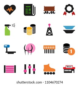 solid vector ixon set - sprayer vector, plates, medal, coin stack, buttocks, roller Skates, Railway carriage, wood box, big scales, antenna, newspaper, settings, heart pulse, hub, mall