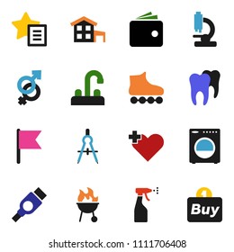 solid vector ixon set - sprayer vector, water tap, bbq, drawing compass, flag, wallet, roller Skates, hdmi, heart cross, gender sign, microscope, tooth, favorites, cottage, washer, buy