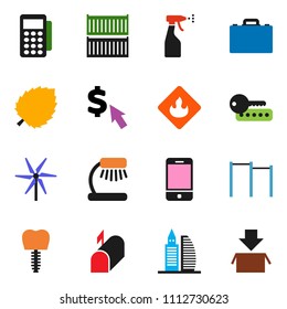 solid vector ixon set - sprayer vector, case, table lamp, leaf, dollar cursor, horizontal bar, sea container, flammable, mobile phone, tooth implant, windmill, office building, mailbox, card reader
