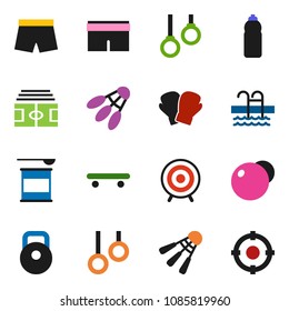 solid vector ixon set - stadium vector, weight, fitball, boxing glove, shorts, skateboard, target, sports nutrition, water bottle, shuttlecock, pool, gymnast rings