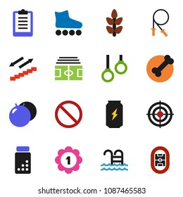 solid vector ixon set - stadium vector, clipboard, pills vial, jump rope, fitball, roller Skates, target, medal, enegry drink, stairways run, cereals, pool, prohibition sign, bone, gymnast rings