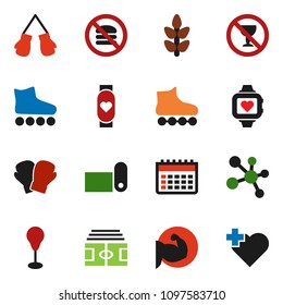 solid vector ixon set - stadium vector, punching bag, muscule hand, boxing glove, roller Skates, molecule, heart monitor, calendar, fitness mat, cereals, no alcohol sign, fastfood, cross