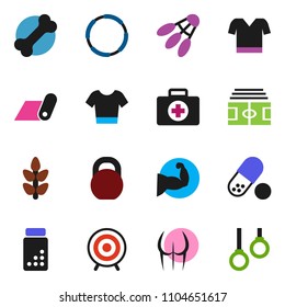 solid vector ixon set - stadium vector, pills vial, weight, muscule hand, buttocks, t shirt, target, fitness mat, cereals, shuttlecock, first aid kit, bone, hoop, gymnast rings