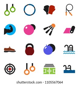 solid vector ixon set - stadium vector, weight, jump rope, fitball, muscule hand, snickers, boxing glove, target, fitness mat, shuttlecock, pool, hoop, gymnast rings