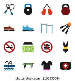 solid vector ixon set - stadium vector, weight, jump rope, horizontal bar, snickers, boxing glove, swimsuite, t shirt, shuttlecock, pool, no smoking, fastfood, first aid kit