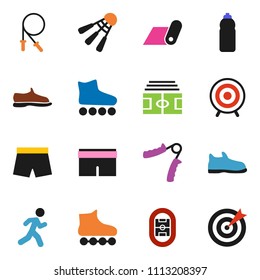 solid vector ixon set - stadium vector, jump rope, hand trainer, snickers, shorts, roller Skates, target, water bottle, fitness mat, shuttlecock, run