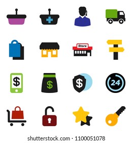 solid vector ixon set - star vector, money bag, 24 hour, shopping, store, mall, support, basket, trolley, delivery, unlock, tap pay, signpost, dollar shield, password