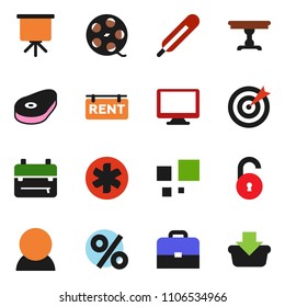 solid vector ixon set - steak vector, case, backpack, presentation, film spool, monitor, ambulance star, thermometer, loading, unlock, rent signboard, consumer, table, percent, target, basket