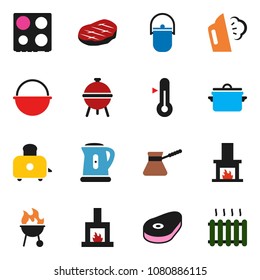 solid vector ixon set - steaming vector, pan, camping cauldron, kettle, turk coffee, toaster, oven, thermometer, bbq, steak, fireplace, heating