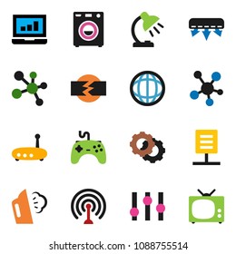 solid vector ixon set - steaming vector, table lamp, world, laptop graph, molecule, antenna, gamepad, settings, social media, gear, router, network document, disconnection, washer, air conditioner