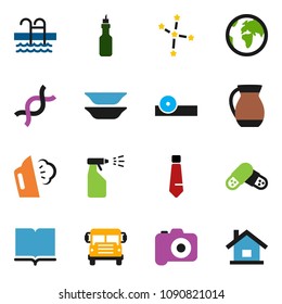 solid vector ixon set - steaming vector, sprayer, plates, jug, oil, book, school bus, constellation, tie, pool, earth, camera, dna, pills, eye doctor hat, house