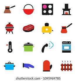 solid vector ixon set - steaming vector, pan, camping cauldron, cook glove, turk coffee, toaster, oven, thermometer, bbq, steak, fireplace, heating