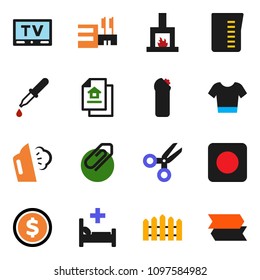solid vector ixon set - steaming vector, cleaning agent, measuring cup, scissors, dollar coin, t shirt, tv, rec button, dropper, hospital bed, attachment, fence, estate document, fireplace, mall