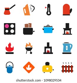 solid vector ixon set - steaming vector, pan, camping cauldron, kettle, cook glove, turk coffee, toaster, oven, thermometer, bbq, flammable, fireplace, heating