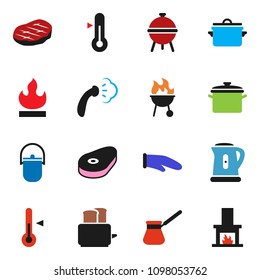solid vector ixon set - steaming vector, pan, camping cauldron, kettle, cook glove, turk coffee, toaster, thermometer, bbq, steak, flammable, fireplace