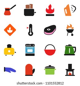 solid vector ixon set - steaming vector, pan, camping cauldron, kettle, cook glove, turk coffee, toaster, oven, thermometer, bbq, steak, flammable, fireplace